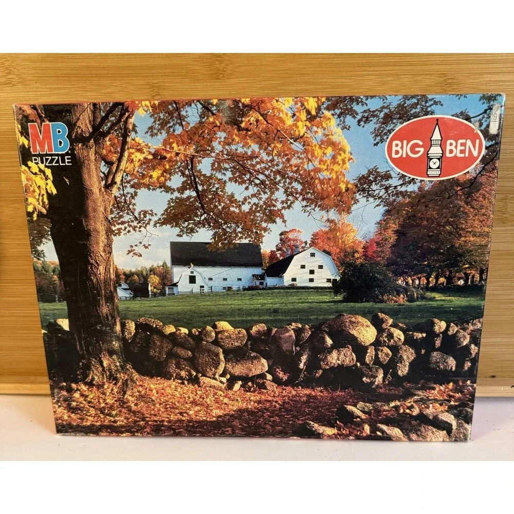 Vintage 1983 MB Big Ben Hillsboro NH Autumn Farm Barn 1000 Pc Puzzle NOS 4962-2